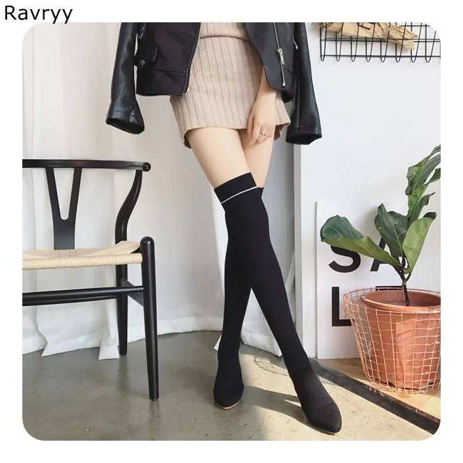 Élastique the À Femmes As Bottes genou Rond Automne Over Belle Talon De Noir Tricoter Bout Carré Hiver Longues Chaussures Femme Boot Picture A4Rj5L