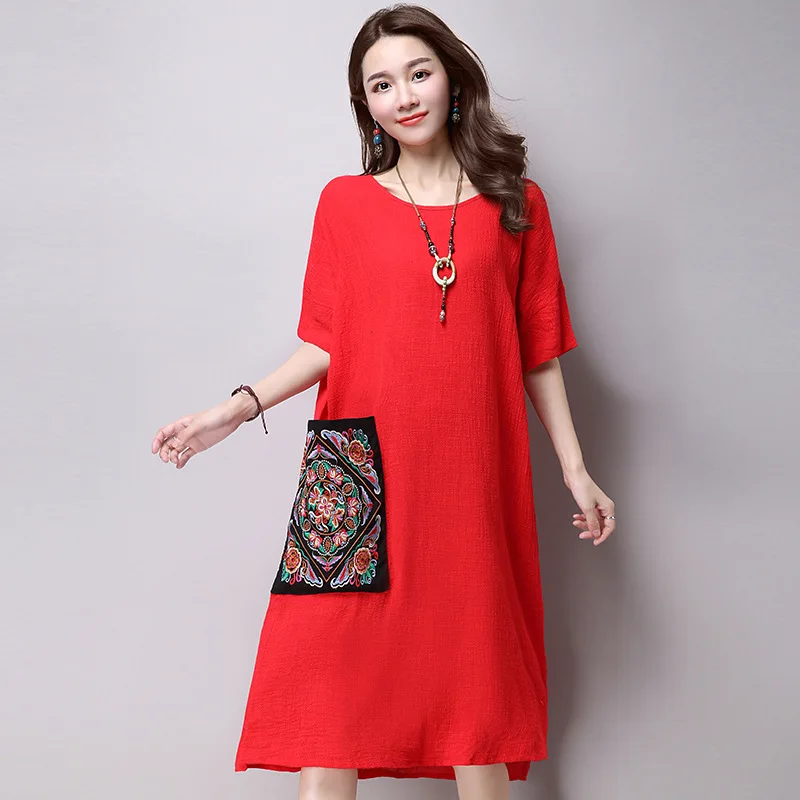 Free Shipping 2017 Summer Women Dress Chinese Style Vintage Printing Loose Natural Cotton Linen Female Elegant Party | Женская одежда