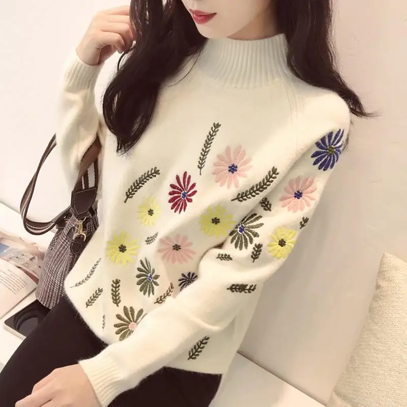 Neploe осенне-зимний свитер элегантный цветочный Вышивка Pulover длинный рукав повседневный джемпер женский свободный Трикотаж Топы 37227 - Цвет: creamy white sweater