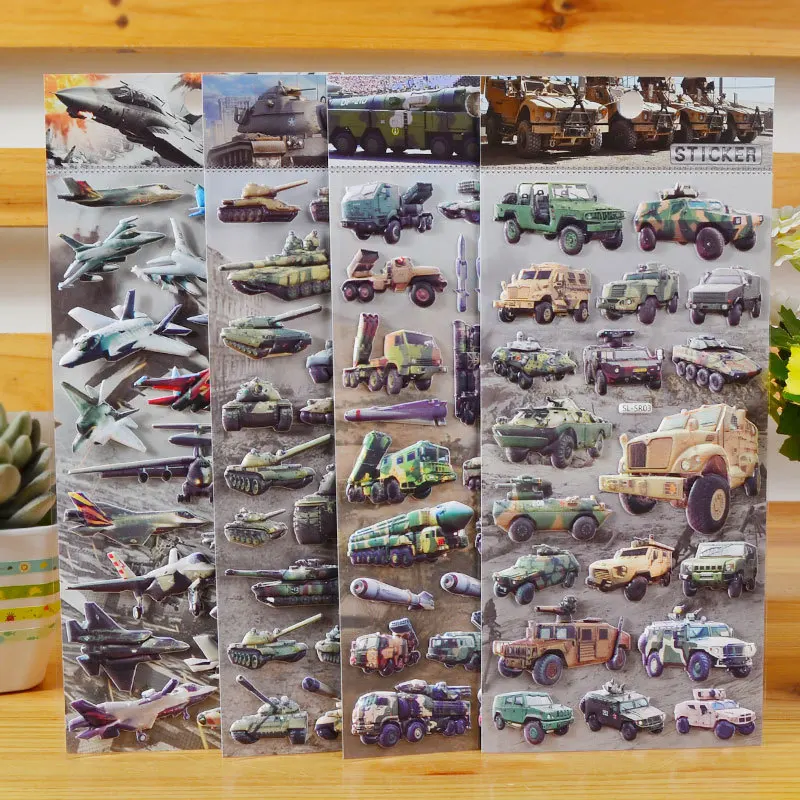 

Kawaii Children EVA Stickers Lovely Vehicles 3D Cartoon DIY Sticker Military Cars Jeep Air-craft Tanks 4pcs