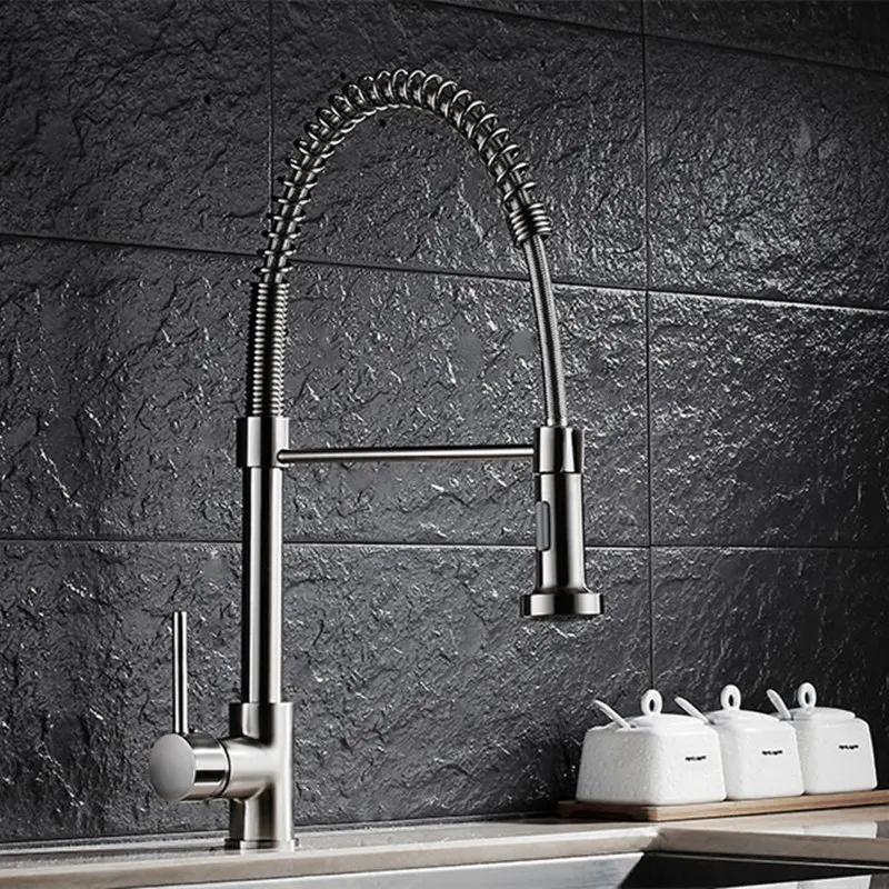 

Brushed Nickel Kitchen Faucet Pull Out Mixer 2-Function Water Outlet All Around Rotate Swivel Water Tap