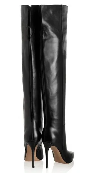 

2018 New Winter Black Genuine Leather Long Over The Knee Boots Women Pointed Toe Back Zip High Heels Shoes Slim Leg All Match