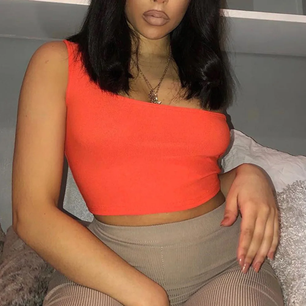

2019 One Shoulder Women Tank Tops Neon Green Yellow Sexy Crop Top Summer Strapless Solid Ladies Tee Top