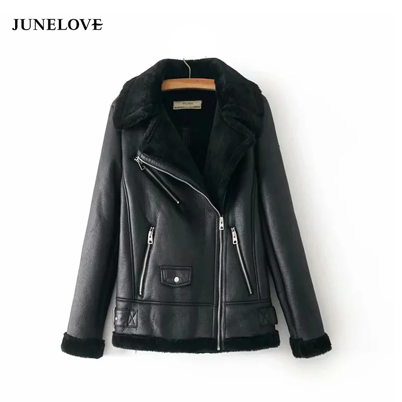 

JuneLove 2019 Autumn Winter Coat Women Punk Lapel thickened Padded warm PU leather women coats zipper ladies jacket