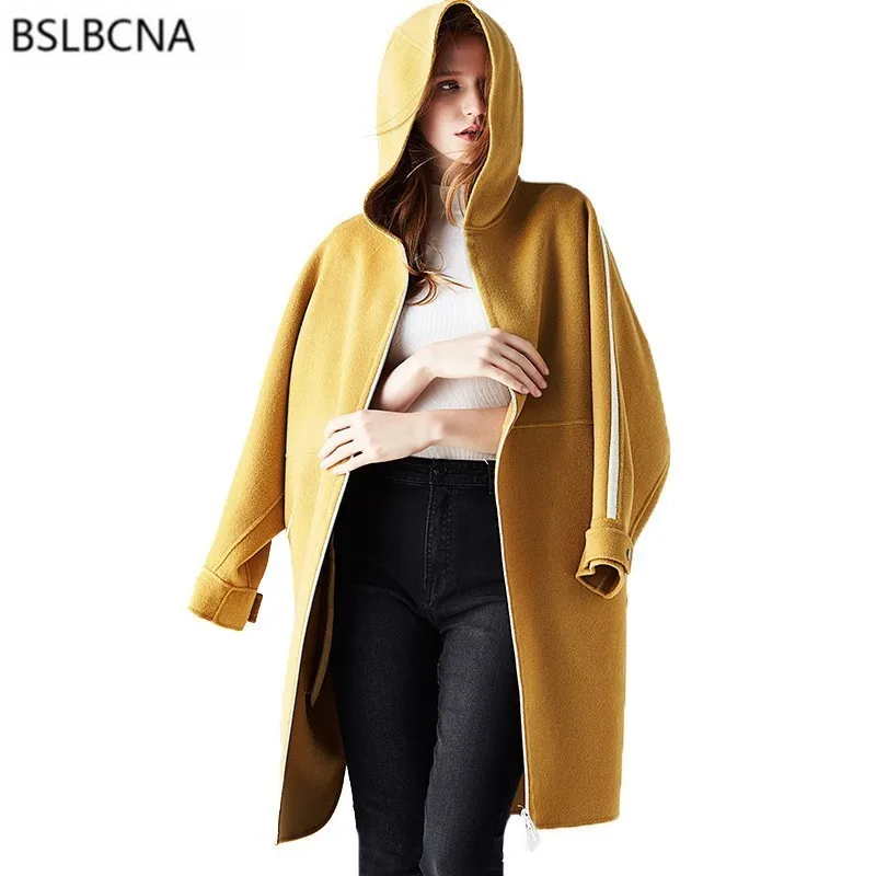 

Winter Coat Women 2019 Fashion Autumn European Style Double Faced Cashmere Jacket Casual Hooded Hat Wool Female Overcoat A459