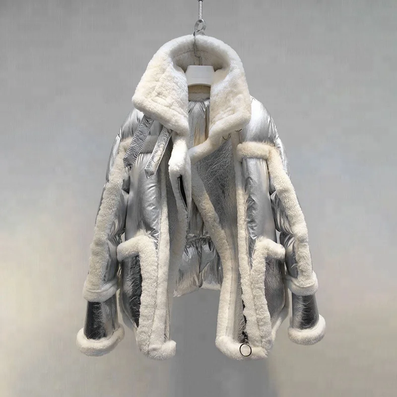 Des Design Revers Pardessus Une Manteau Élégant Moutons Mouton blanc noir Veste Mérinos Attrayant Peau Cuir En Doudoune La De D'hiver Ligne Vraie Fourrure Femmes Argent wnqrFXUwY