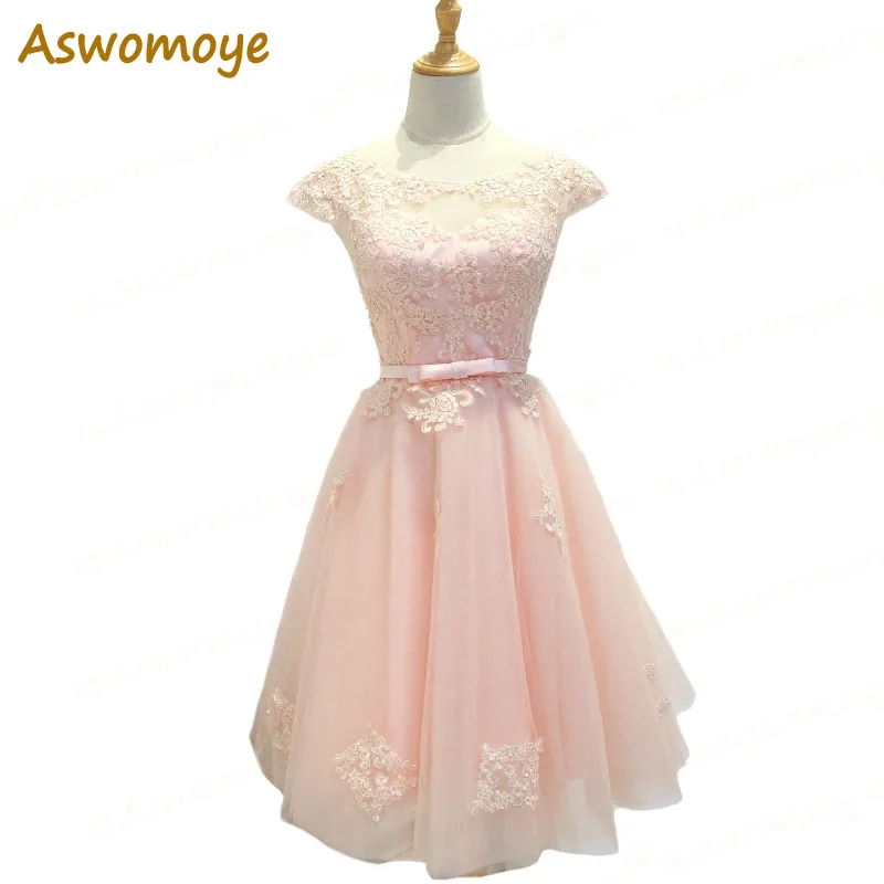 

Aswomoye Short Evening Dress 2018 New Fashion Appliques Floral Wedding Party Dresses Bow Dress Lace Up robe de soiree