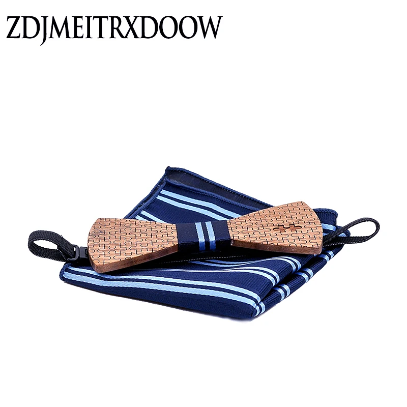  Wood Bowtie+Handkerchief+Cufflinks Sets for Mens Suit Wooden Bow Tie Bowknots Jigsaw puzzle Wedding