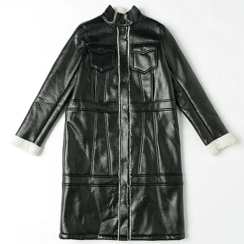 Зимняя модная Новая женская куртка из искусственной кожи, длинная теплая верхняя одежда, однобортное повседневное пальто L1182 - Цвет: black