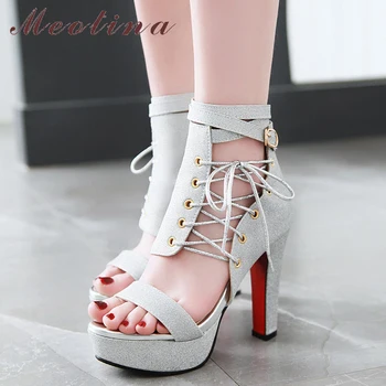 

Meotina Summer Gladiator Sandals Women Shoes Glitter Platform Spike High Heel Shoes Buckle Cross-tied Sandals Gold Big Size 3-12