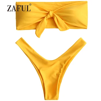 

ZAFUL Bikini Knotted High Cut Bandeau Bikini Women Swimsuit Sexy Strapless Padded Swimwear Solid Swimming Suit Brazilian Biquni