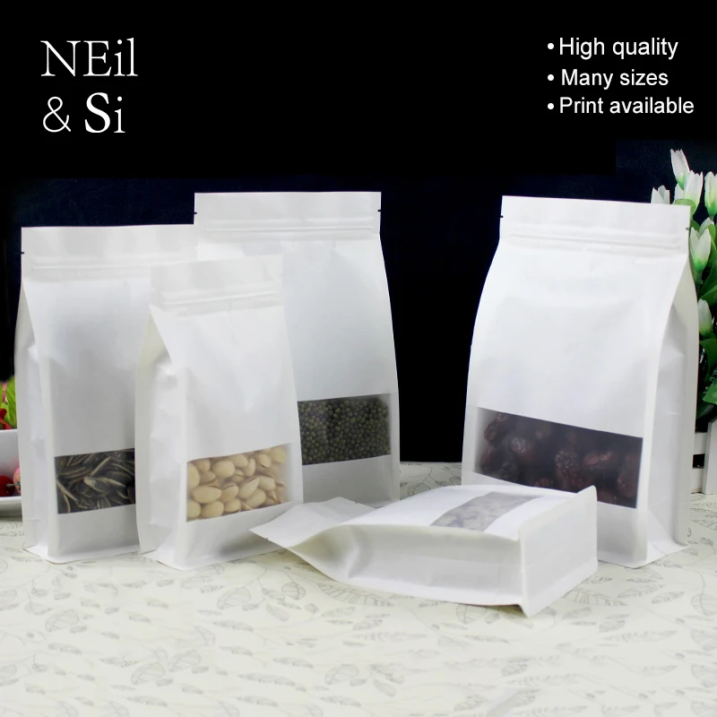 

Free Shipping Zipper White Paper Stand up Bag Ziplock Dried Food Tea Gift package Self Sealing Window Bags 50pcs/lot