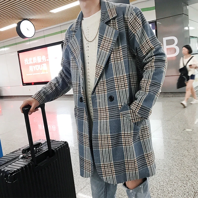 2018 Spring And Autumn Men's New Plaid In The Long Woolen Coat Fashion Youth Casual Loose Trend Personality Temperament Wild | Мужская