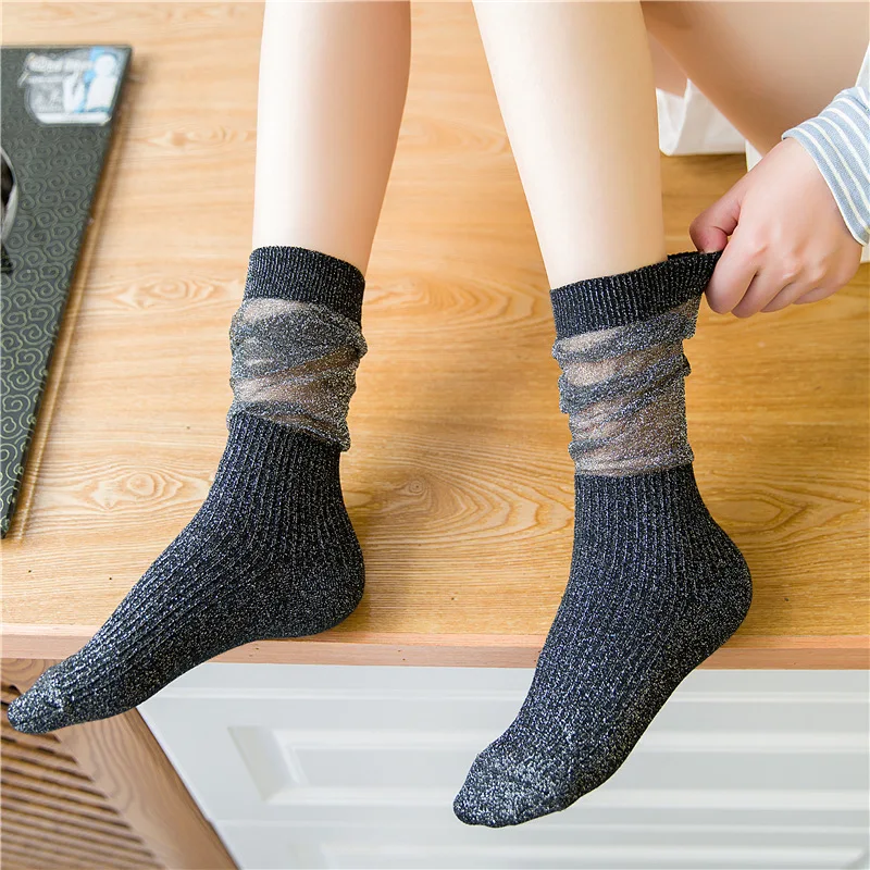 

SP&CITY Summer Shiny Transparent Women Fold Socks Vintage Striped Leg Fashion Thin Female Art Socks Ladies Cool High Quality Sox