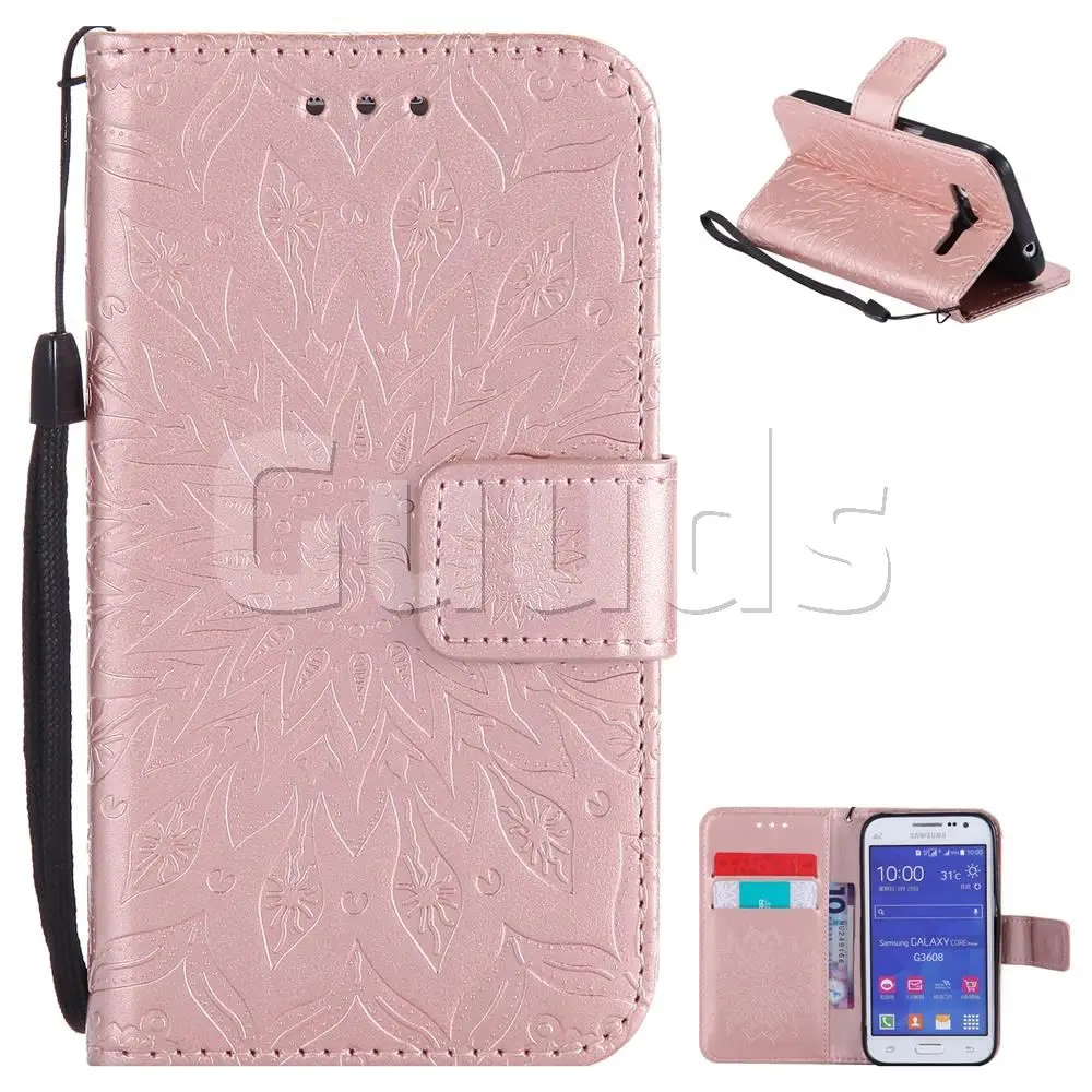 Embossing Sunflower Leather Wallet Case for Samsung Galaxy Core Prime G360 - Rose Gold