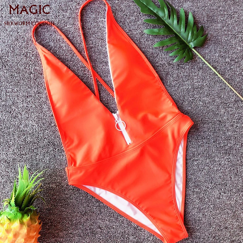

New Solid Color Zipper Sexy Deep V-neck One Piece Swimsuit Female Backless Swimsuit Brazilian Swimwear Women Bathing Suit Beach