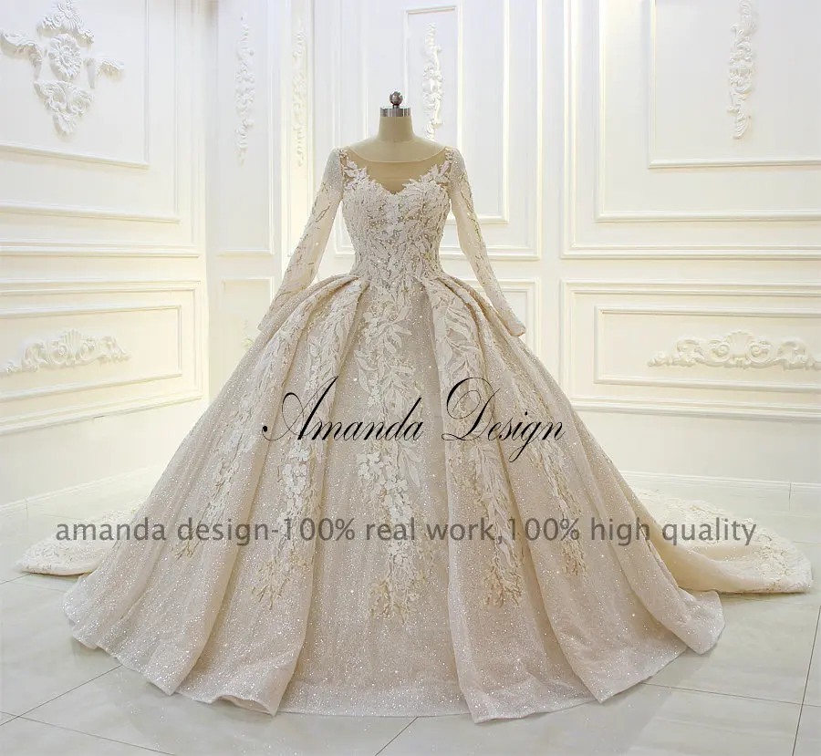 Аманда дизайн с длинным рукавом Кружева аппликация Бисероплетение узоры Пышное Бальное Платье блестящее свадебное платье