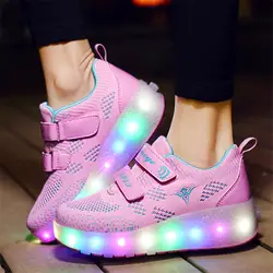 Брендовая детская обувь 2019 г., спортивные кроссовки с двумя колесами, светодиодный свет, обувь для девочек и мальчиков, светящаяся обувь для