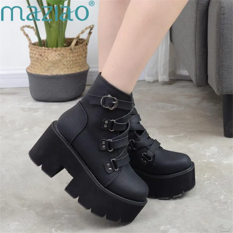 

Spring Autumn Ankle Boots Women Platform Boots Rubber Sole Buckle Black Leather PU High Heels Shoes Woman Comfortable MAZIAO