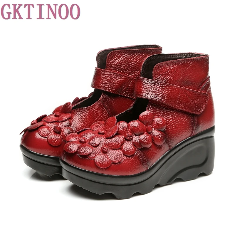 Женские ботильоны из натуральной кожи с круглым носком на танкетке|genuine leather ankle