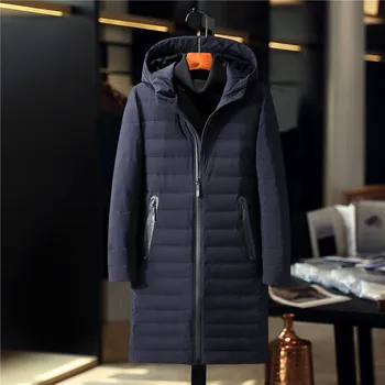 

Long Session Down Overcoat Men White Duck Down Coat Parka Jacket Hood Plus size Black Warm Winter Knee Length Down jacket