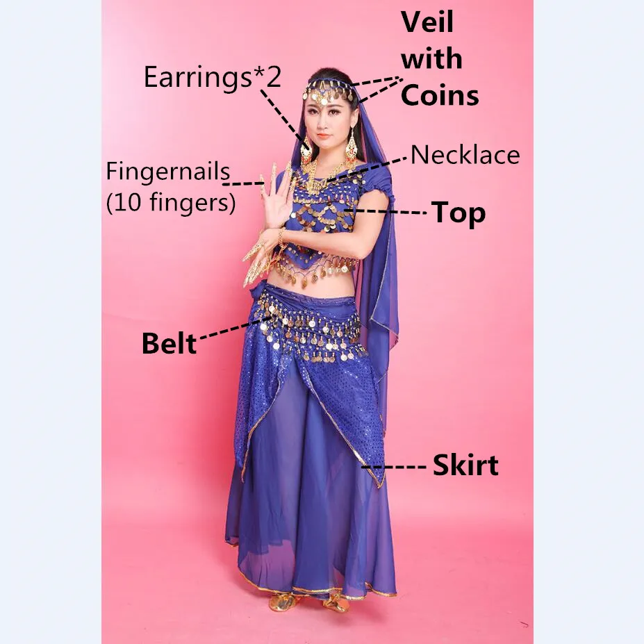 Костюмы для танца живота для женщин юбка для танца живота Пояс индийский танец платье Болливуд Egyption Египетский танец одежда танец живота набор - Цвет: Royal Blue 7pcs