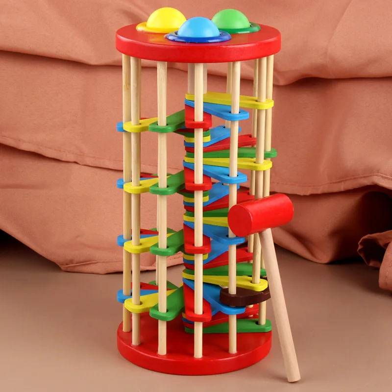 

children environmental protection wooden rotation tapping ball down ladder beating toy hands eyes to coordinate early education