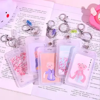 

1PC Kawaii Clear Plastic Credit Bank Card Bus Card Case With Keychain School Students Card Holder Stationery