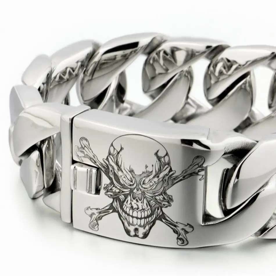 Kopen LINSION 6 Lengtes Diepe Gegraveerd Enorme Zware 316L Rvs Pirate Skull Mens Biker Rock Punk Curb Link Armband 5D101