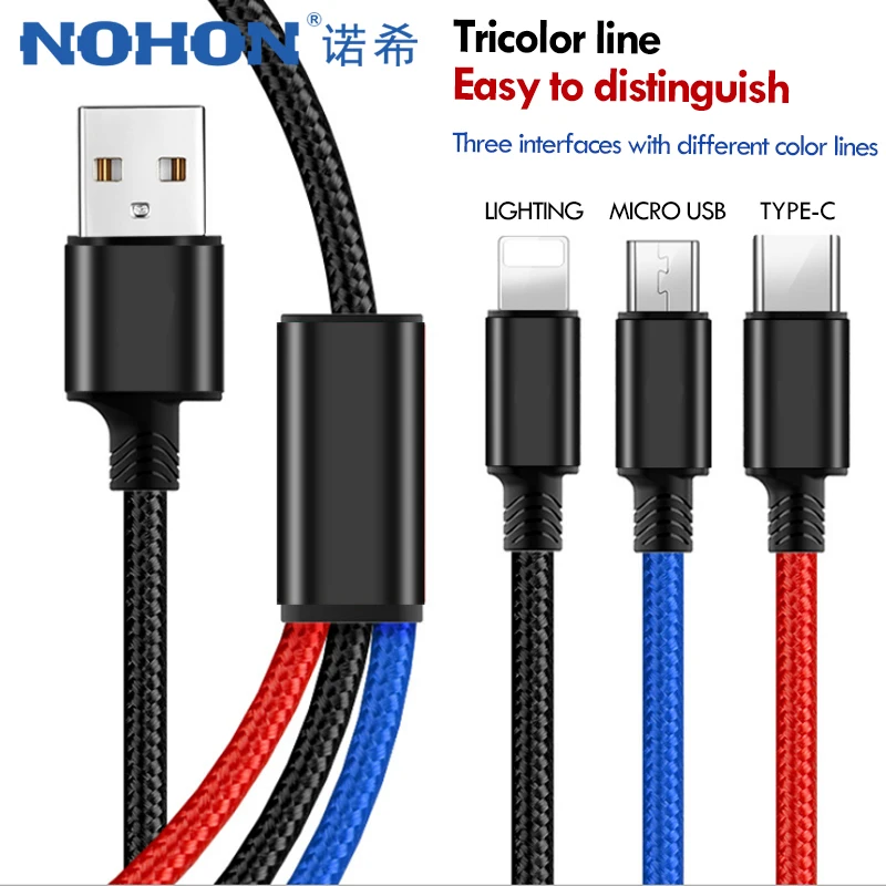 NOHON Универсальный 3 в 1 кабель для зарядки iPhone 7 8 6 6s Plus X Micro usb type-C Xiaomi samsung длинные