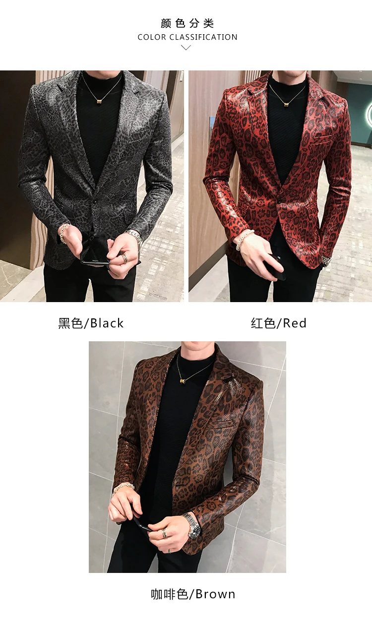 Autumn Leopard Print Mens Blazer Skin Suit Jacket Leather Stage Costumes For Singers Loose Coat Blaser Homens Terno Masculino