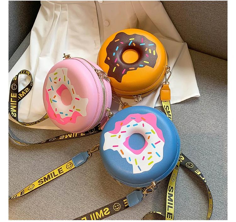 3 Color Fun Cartoon Smiley Shoulder Strap Donut Design Girl's Round Shoulder Bag Handbag Crossbody Bag Women Casual Totes Pouch