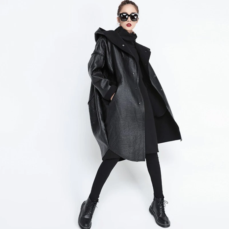 [EAM] 2019 New Spring Hooded Long Sleeve Black Pocket Split Joint Thicken PU Leather Jacket Women Coat Fashion Tide JG637