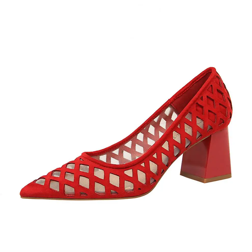 EOEODOIT/Новинка года; туфли-лодочки; дышащая сетчатая обувь на среднем массивном каблуке; модельная повседневная обувь на каблуке; женская обувь с острым носком на квадратном каблуке 6 см - Цвет: Красный