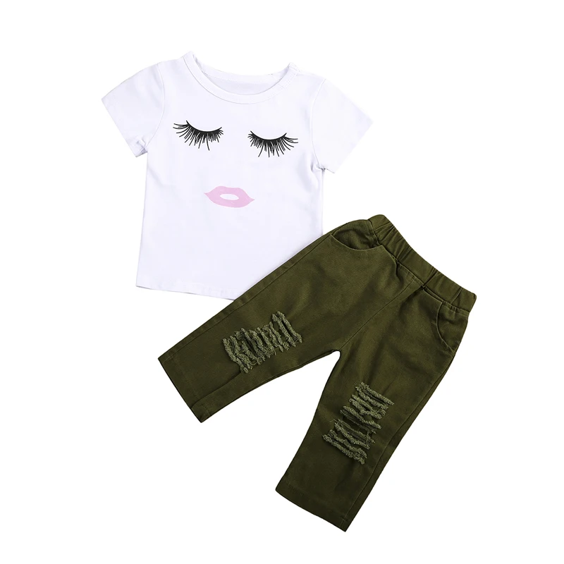 

Fashion Newborn Toddler Kids Girl Clothing Set Short Sleeve Eyelash T-shirt Tops+Army Green Stretch Ripped Pant Trouser 2PCS
