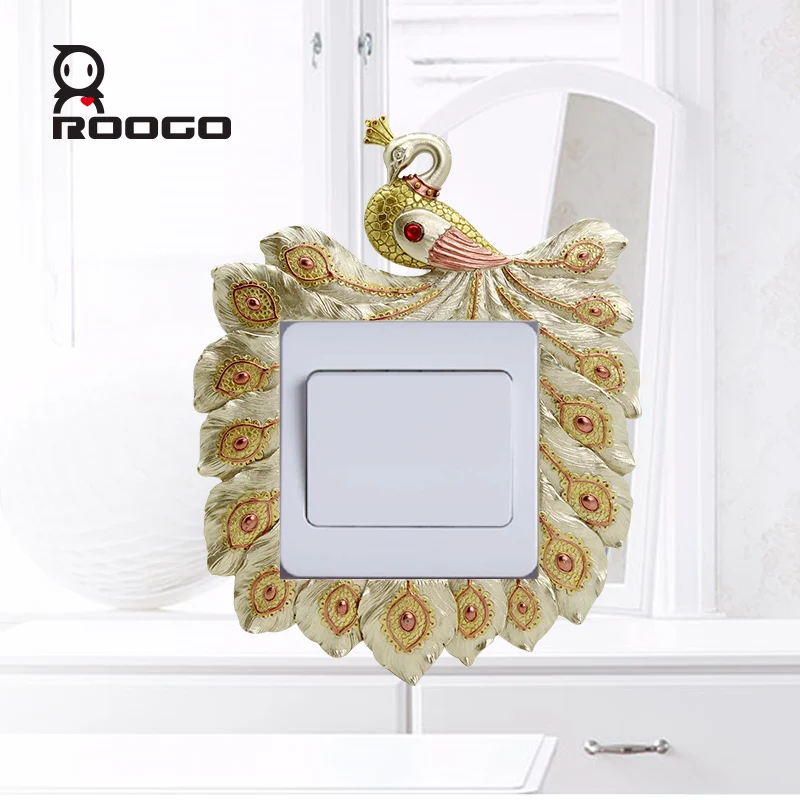 

Roogo Cartoon Resin Switch Stickers Royal Peacock Wall Stickers Animal Shape Socket Cover For Home Decoration Wall Art Crafts