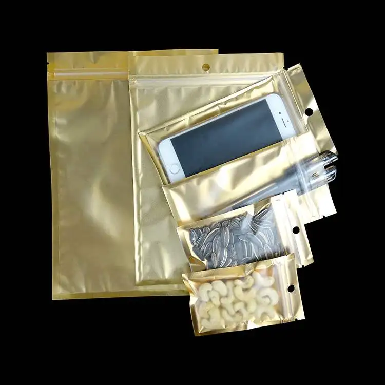 Multi size 100pcs Metallic Mylar ziplock bags flat bottom gold Aluminum