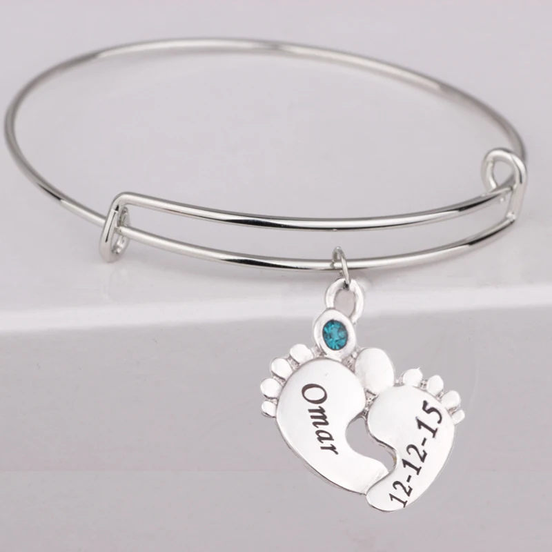 

Customized Name & Date Feet Print Keychain Birthstone can Choose Drop Shipping Accept YP3066