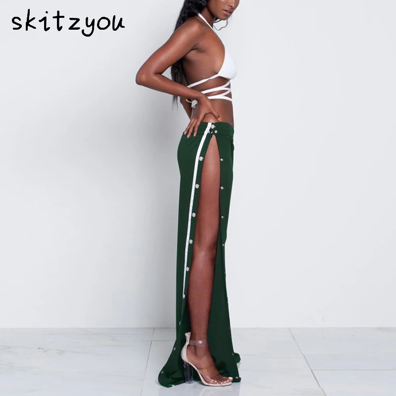 

skitzyou 2017 Summer Sexy Club Full Length Black Open Fork Pink Red Green Loose Beach Wear Button Side Party Wide Leg Pants New