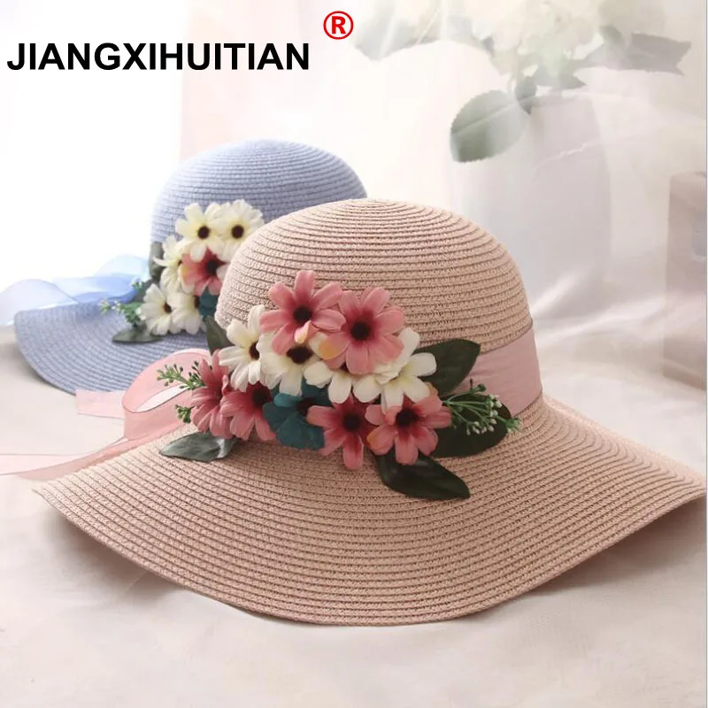 

HOT Style summer large brim straw hat adult women girls fashion sun hat uv Flowers protect big bow summer beach hat