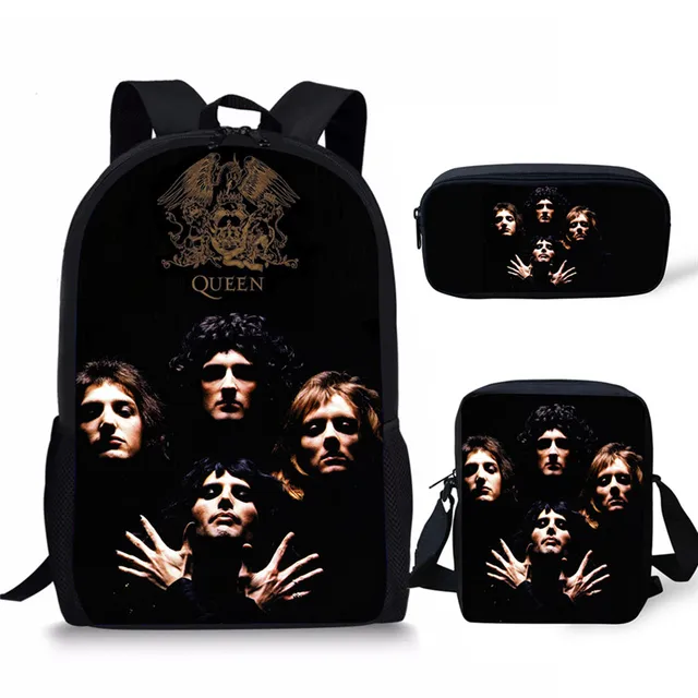 THIKIN 3Pcs/set Queen band Bohemian Rhapsody Print Large Shoulder Backpack Students Bookbag Kids