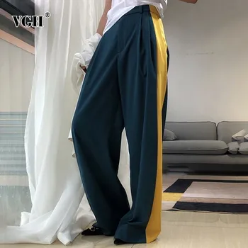

VGH Hit Color Wide Leg Pants For Women High Waist Zipper Loose Casual Full Length Pants Female Fashion New Summer 2019