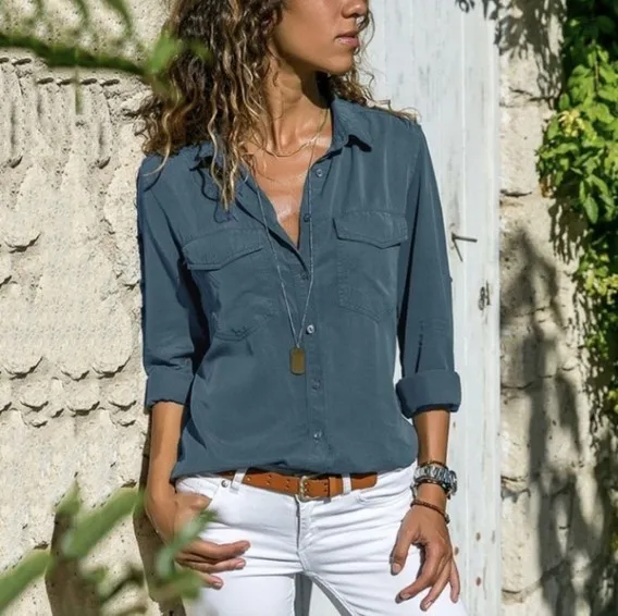 

Fashion Casual Women Long Sleeve Shirts European and American Style Solid Pockets Turn-down Collar lady blouse new