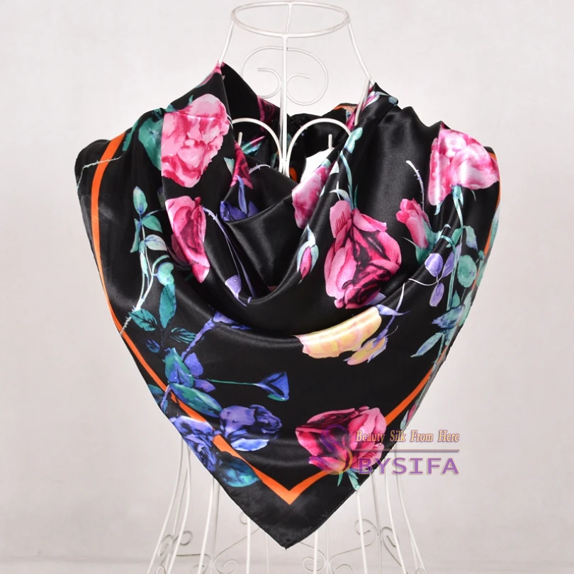 [BYSIFA] женский черный шелковый шарф шаль модный бренд цепи квадратные шарфы обертывания 90*90 см весна осень мусульманский головной платок накидка