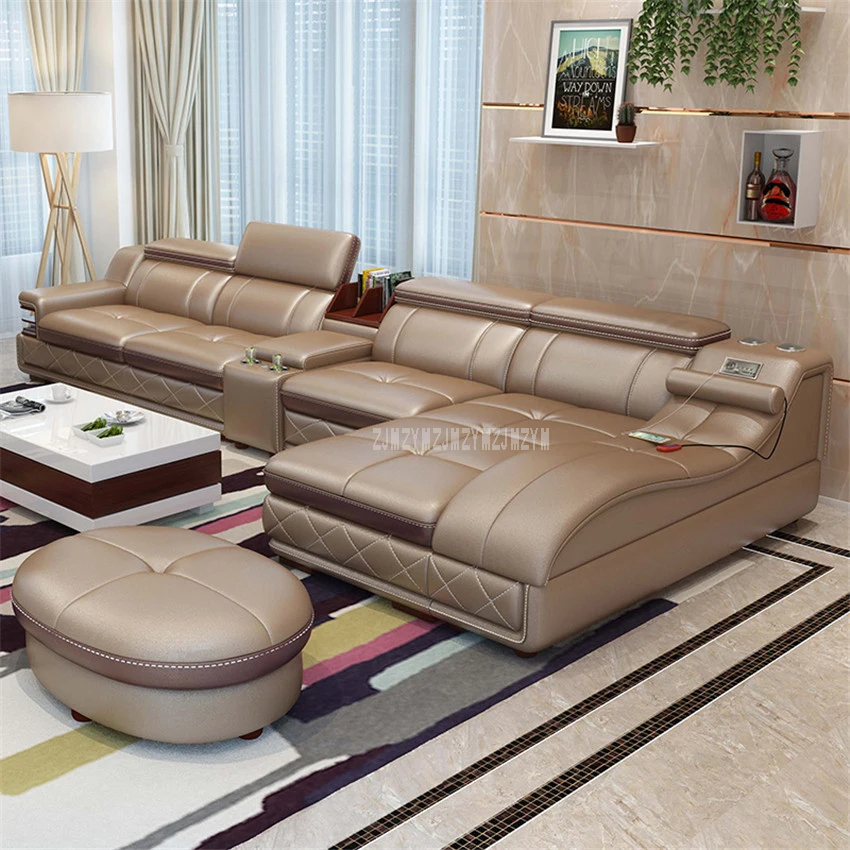 4 Seat Leather Living Room Sofa Set With Massage Function Rotating