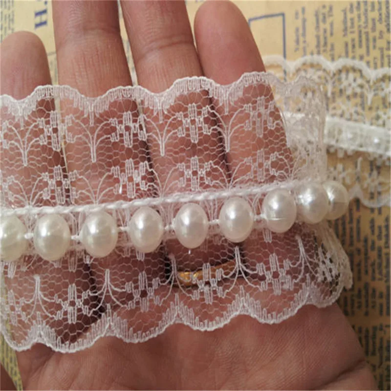 2 Meters 45mm Cream Pearl Beaded Voile Lace Edge Trim Ribbon Embroidered Applique Sewing Craft Crochet DIY Wedding Dress Clothes | Дом и сад