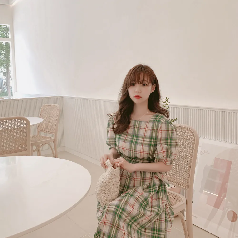 Женское летнее Длинное Зеленое клетчатое платье с квадратным воротником, женское ТРАПЕЦИЕВИДНОЕ платье с поясом, тонкое приталенное платье, женское свободное Sukienki Сарафан