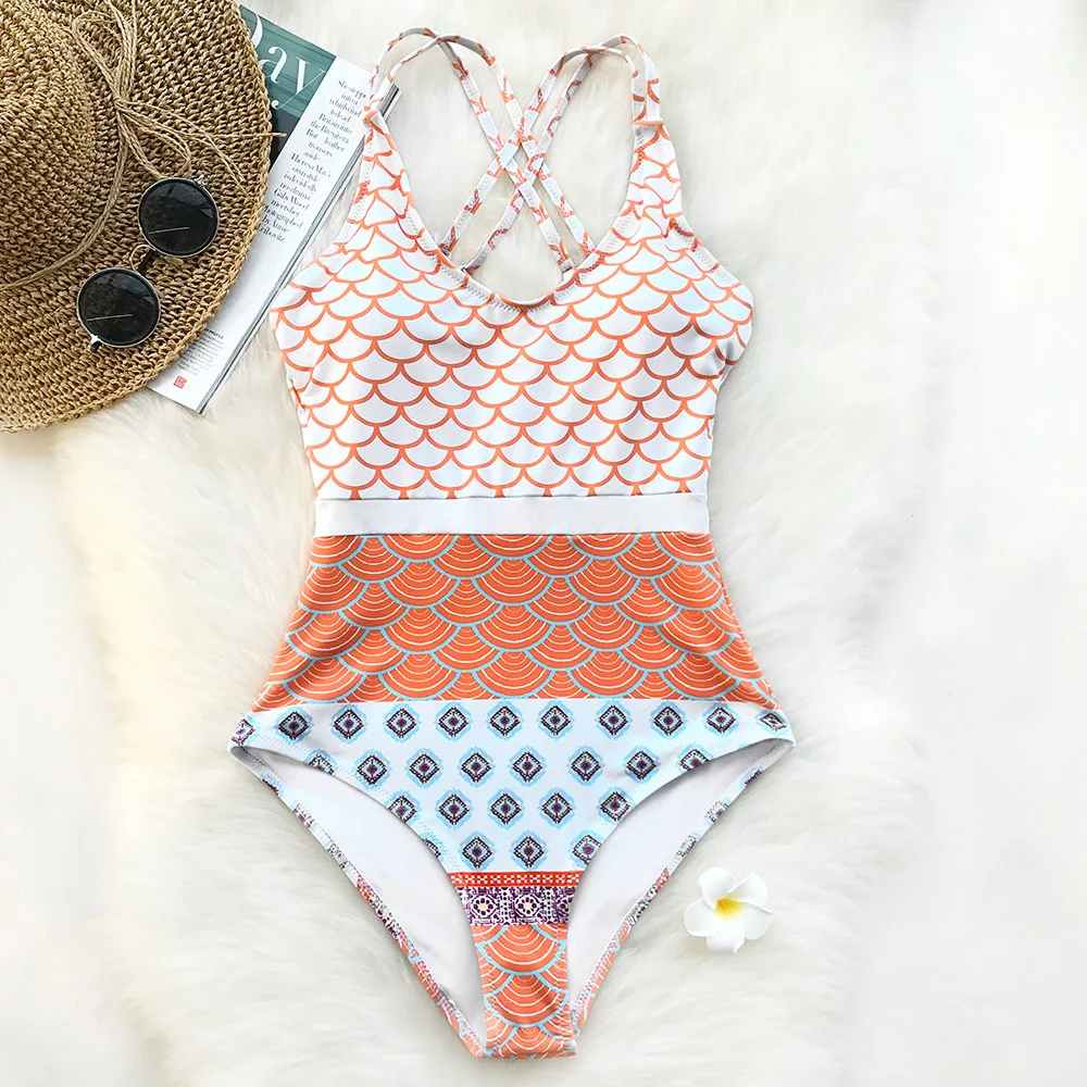Kaufen CUPSHE Schöne Welt Meerjungfrau Wellen Print einteiliges Badeanzug U neck Hoher taille Bikini Set Gepolsterte Badeanzug Bademode