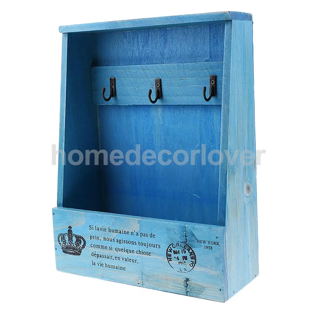 Retro Wall Mount Key Rack Storage Box Shelf Wooden Cabinet Cubby Letter Mail Holder Case