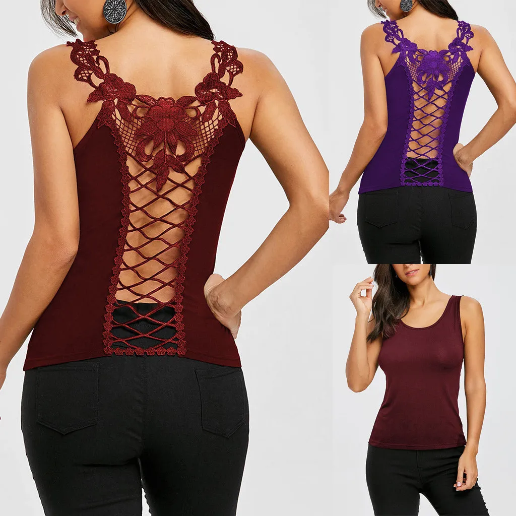 Summer Fashion Lace Splice Backless Blouse Hollow Out Ladies Top Female Women Sleeveless Shirt Blusas Femininas Women Tank Top